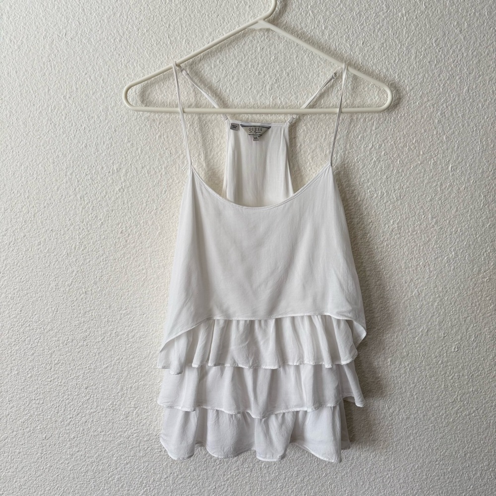 GUESS White Ruffle Layered Spaghetti Strap Cami Tank Top Size